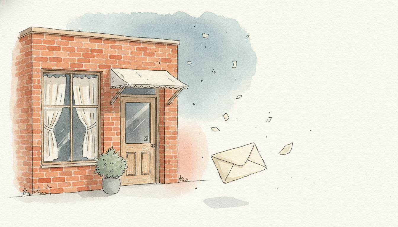 Watercolor illustration of a Michigan storefront with an envelope drifting past