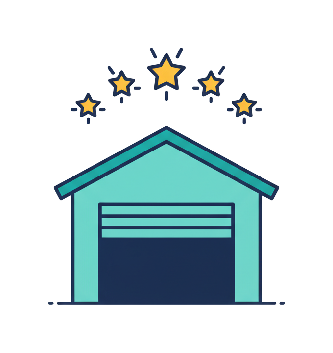 Auto repair shop storefront with five-star rating