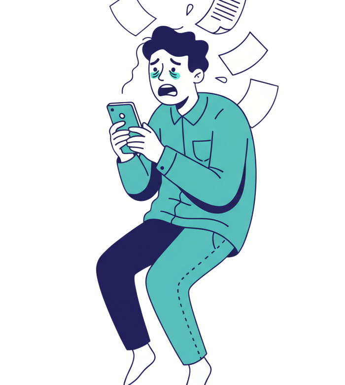 Stressed business owner overwhelmed by phone notifications