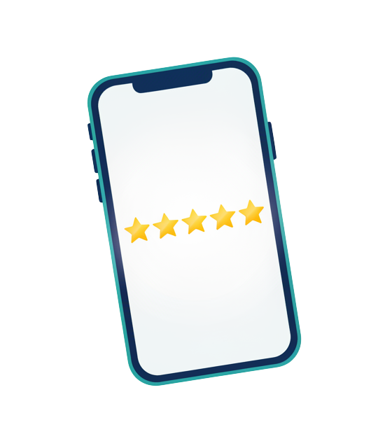 Phone displaying a five-star review rating
