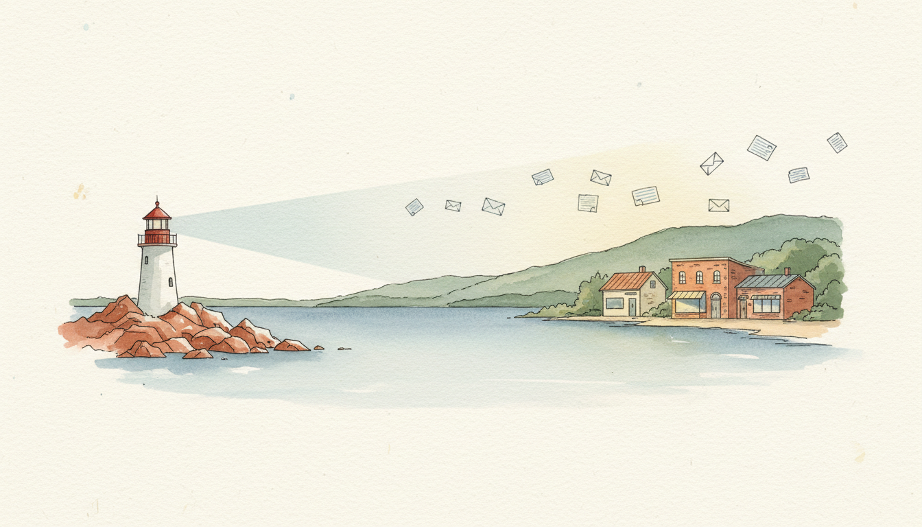 Watercolor illustration of a lighthouse finding a small town across the water