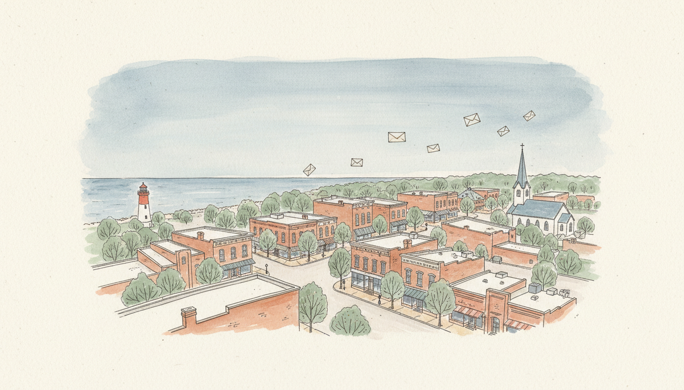 Watercolor illustration of a small Michigan downtown with papers drifting through the sky