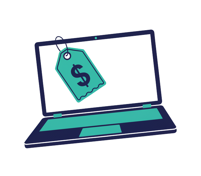 Laptop computer with a price tag showing a dollar sign