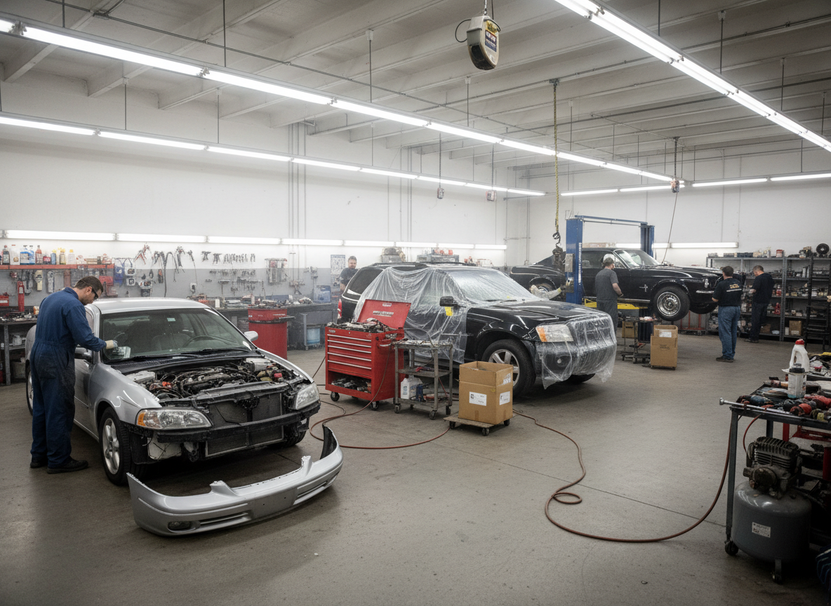 Auto body shop floor — cars in for repairs