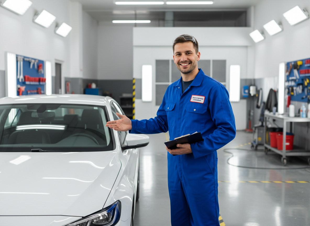 Friendly auto body technician with clipboard