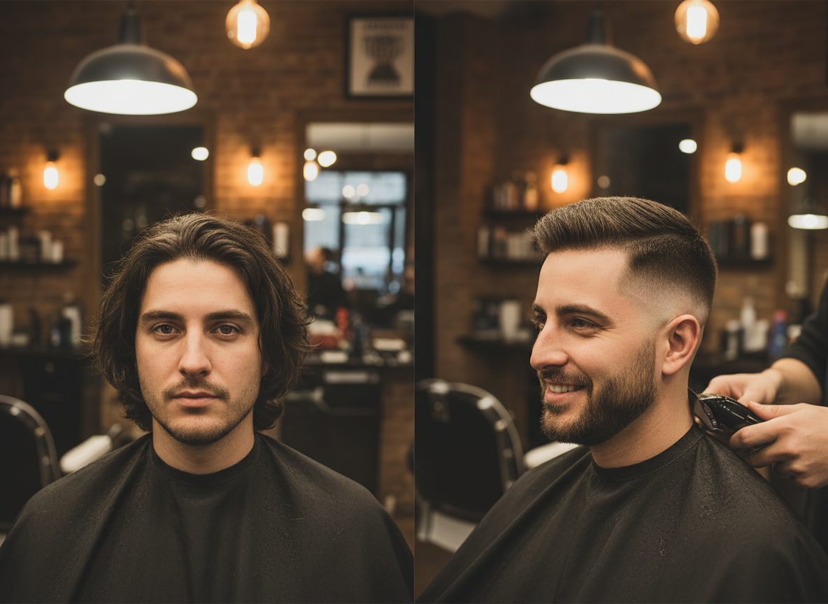 Fresh barbershop fade — before and after