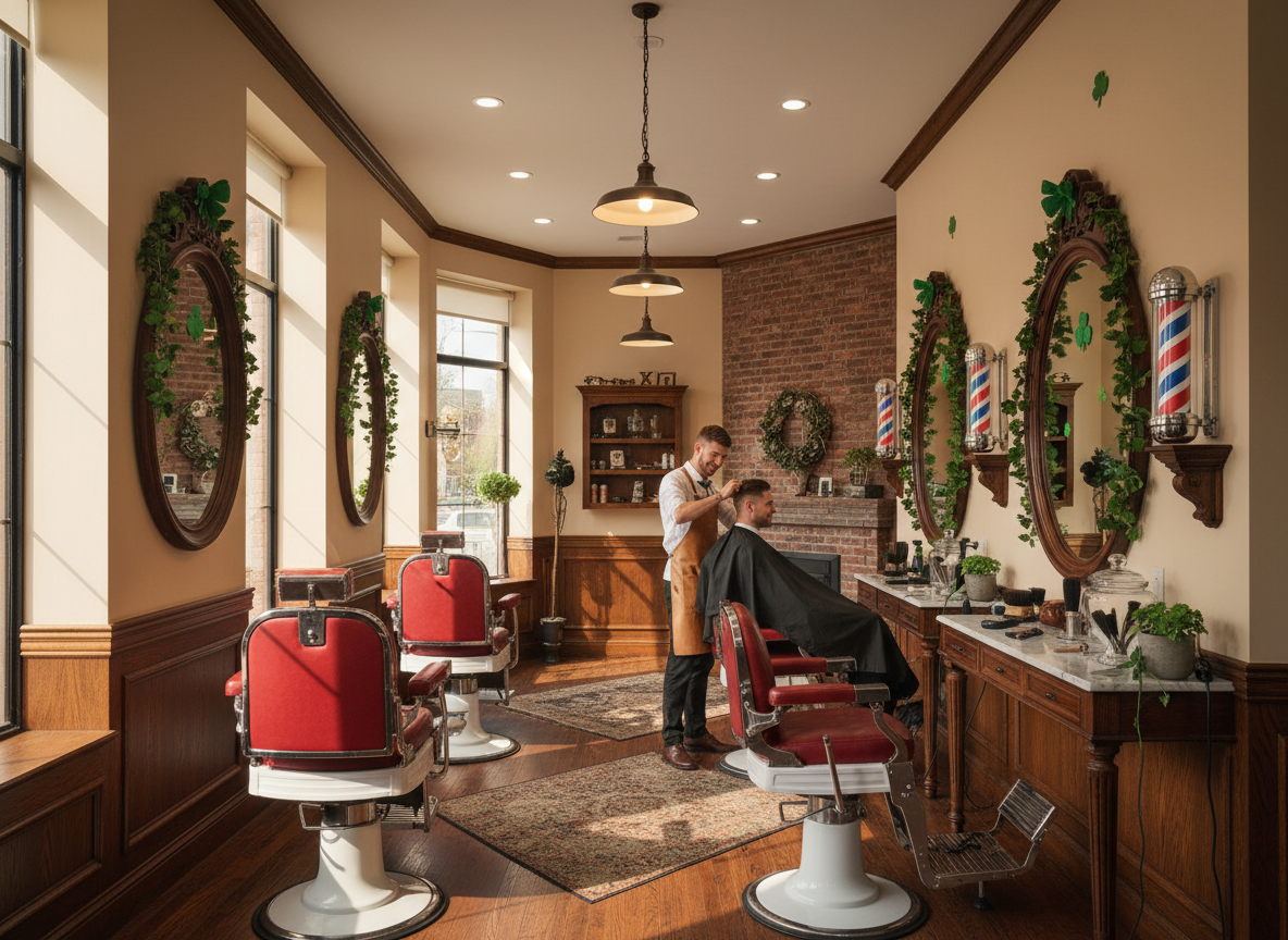 Barbershop interior with St. Patrick's Day decor