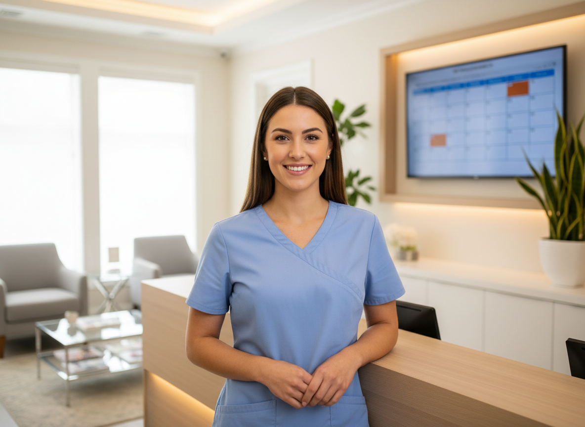 Welcoming dental office front desk receptionist