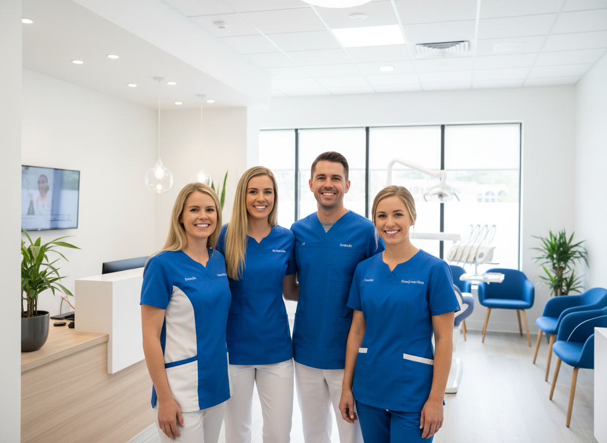 Friendly dental office team in scrubs