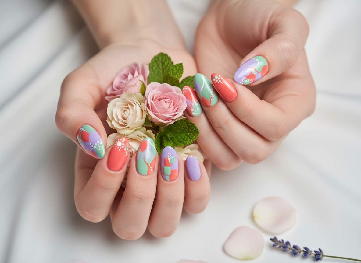 Vibrant spring nail art close-up